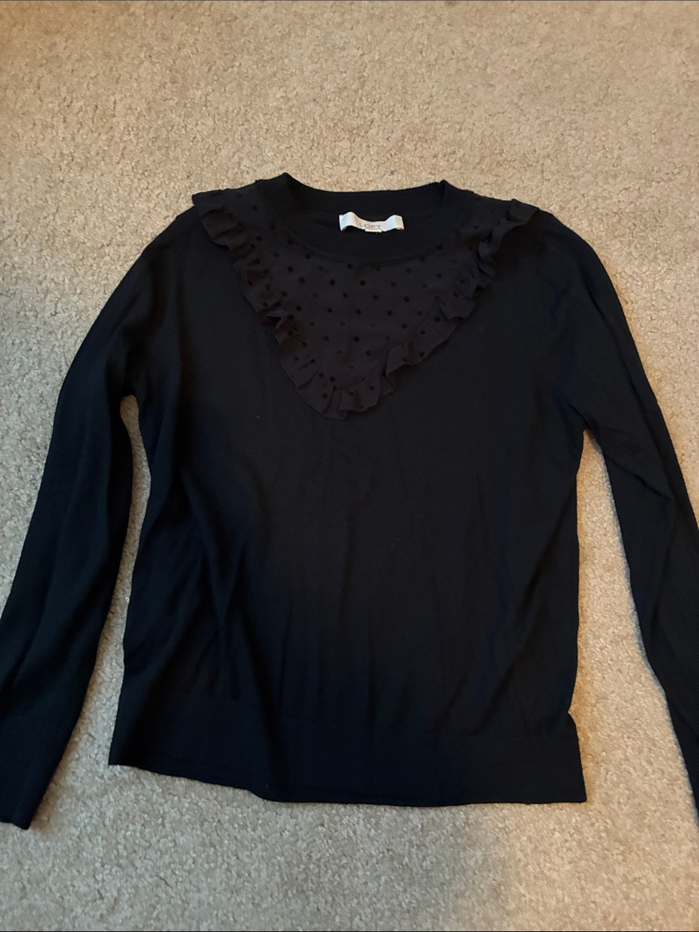 LOFT Black Long Sleeve Top with Ruffled Dotted Yoke Detail